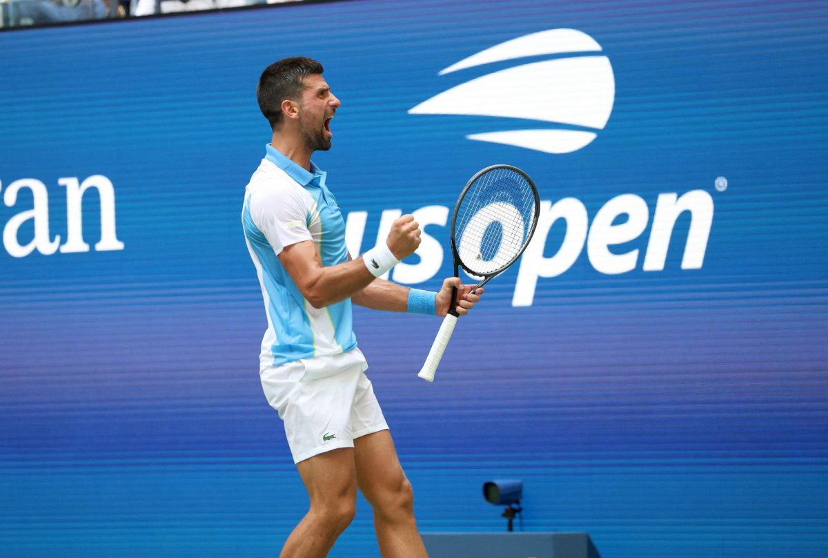 Novak Djokovic celebrates after winning his quarterfinals match in the 2023 U.S. Open tennis championships inside Arthur Ashe Stadium at the USTA Billie Jean King National Tennis Center in Flushing New York on Sept. 5, 2023. (Andrew Schwartz/New York Daily News/TNS) ©2023 New York Daily News. Visit nydailynews.com. Distributed by Tribune Content Agency, LLC.