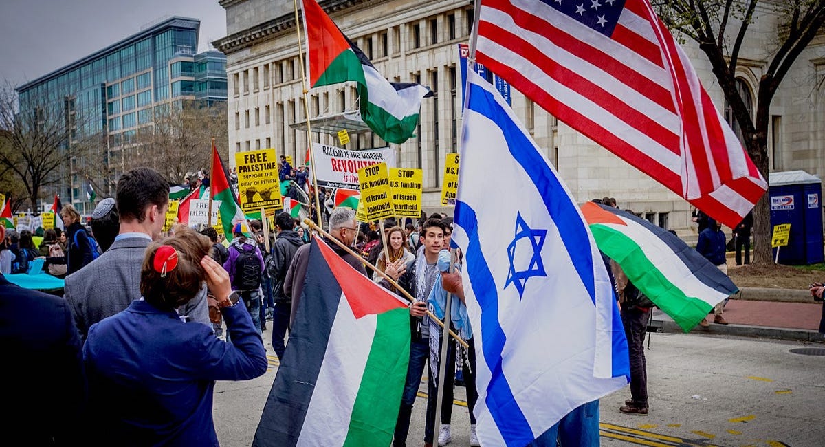An Israeli flag is seen amidst a pro-Palestine rally.