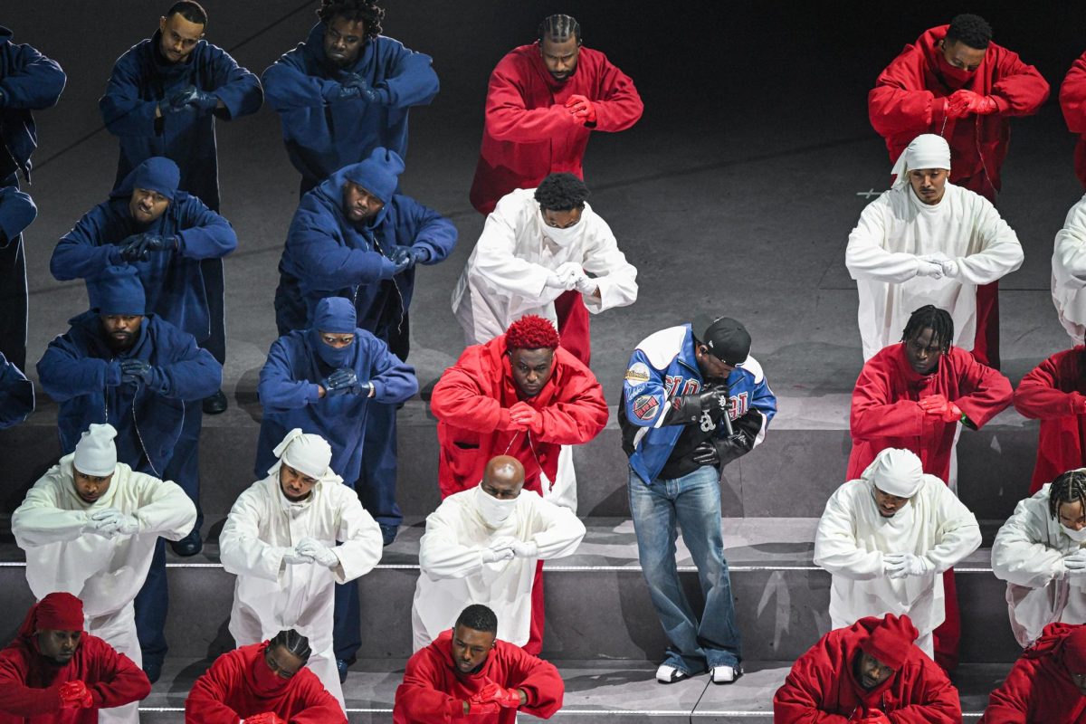 Kendrick Lamar’s performance featured symbolic representations of America with dancers arranged in the colors of the flag.
Photo by Dominick Williams/The Kansas City Star